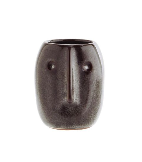 wooden horse. Flower pot w/ face imprint, dark petrol D:8x10 cm
