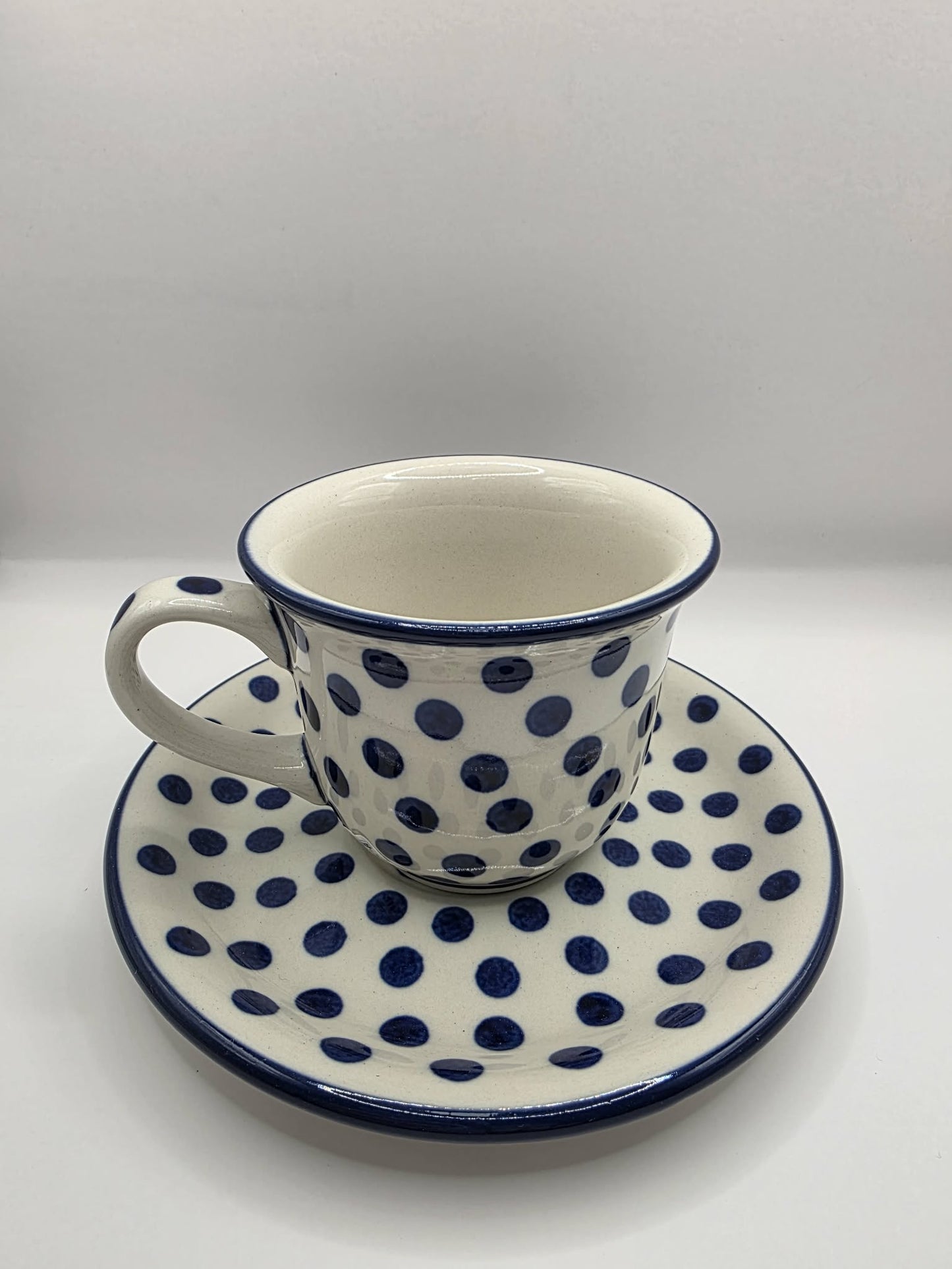 Polish Cup & Saucer White/Blue Spot